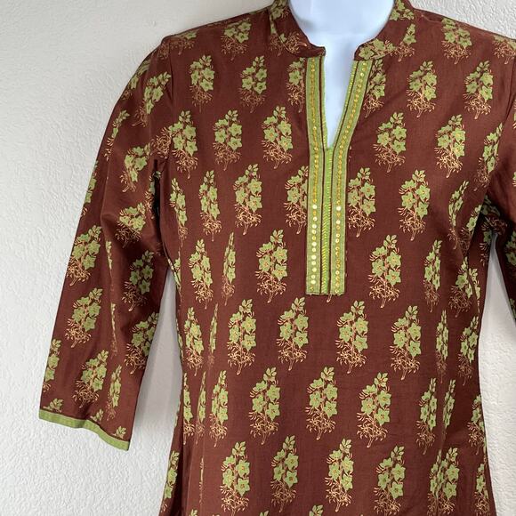 Biba Brown Floral Indian Tunic Top 100% Cotton Split V-Neck 32/US 0-2 NWT - Picture 5 of 14